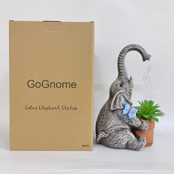 Gognome Solar Powered Resin Elephant Garden Statue With Water Fountain Light - Durable Outdoor Decor For Patio And Lawn - Unique Elephant  For All Ages