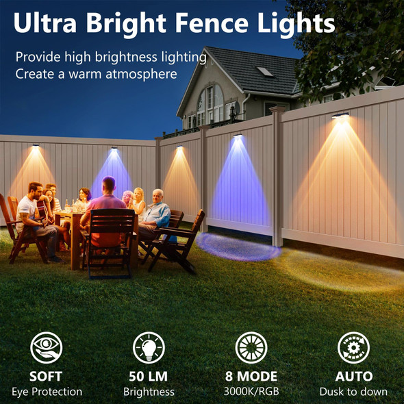 Gorrzai Solar Fence Lights Outdoor Waterproof Led 3000K/4000K/6000K 3 Modes 50 Lumens Fence Lights Solar Powered For Wall/Patio/Outside/Post/Yard/Garden/Stair Auto On/Off Deck Lighting (8 Pack)