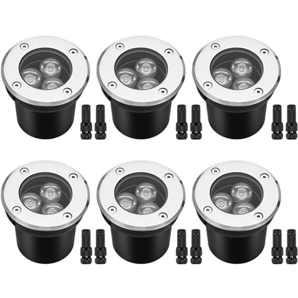 Grinsvalley 6 Pack 3W 12V-24V Low Voltage Landscape Lights In-Ground Outdoor Led Well Lights With 12 Connectors Ip68 Waterproof Pathway Light Outdoor Spotlight For Yard Garden Tree Deck Step