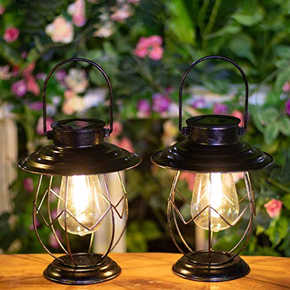 Hapjoy 2 Pack Solar Lanterns Outdoor Hanging Solar Lights Decoration With Waterproof Warm Light Bulb For Patio Garden Pathway Yard Table Decor