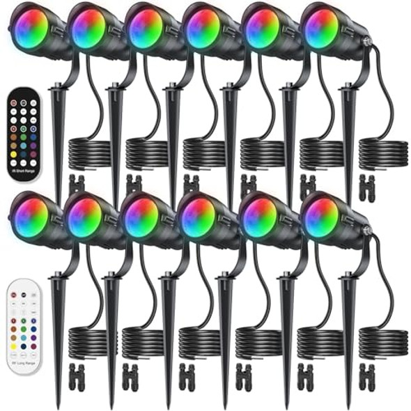 Hiboitec Rgbw Low Voltage Landscape Lighting 12W With Remote Connectors Spotlights Landscape Lights Kit 12-24V Ac/Dc Ip65 Waterproof For House Yard Garden Outdoor Christmas Halloween Lights 12Pack