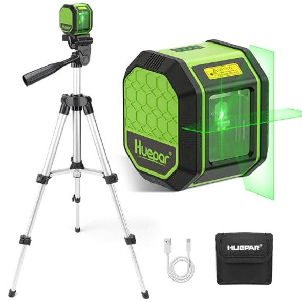 Huepar Laser Level With Tripod Huepar 100Ft Self Leveling Laser Level Rechargeable Green Cross Line Laser Leveler Tool For Picture Hanging Tile Home Renovation Carrying Bag Included (25.6 In Tripod)