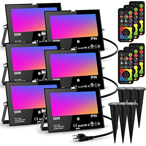 Hydong Led Flood Light Outdoor 500W Equivalent Color Changing Landscape Lighting 24H Timing+120 Colors Strobe+2700K Warm White+Diy Flash Ip66 Waterproof Up Stage House Rgb Led Light Indoor Us 3-Plug 6Pack