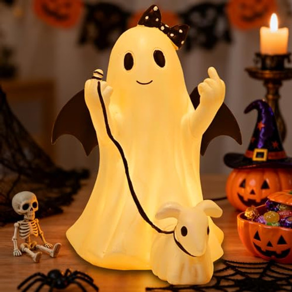 Hzaavs Ghost Walking Dog Statue Decor With Led Halloween Spooky Ghost Dog Resin Figurinecute Light-Up Finger Ghost Decorations For Party Home Bedroom Shelf Table Centerpiece (Girl)