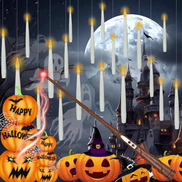 Ifamuly Halloween Decorations 20 Pcs Floating Candles With Wand Magic Hanging Candles Flickering Warm Light Flameless Floating Led Candle With Wand Remote Battery Operated Taper Candle Set For Theme Party