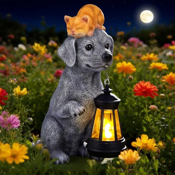 Illumi Solar Dog Garden Statue With Lantern And Sleeping Cat – Resin Pet Figurine Light For Outdoor Yard Decor S For Women Mom Grandma