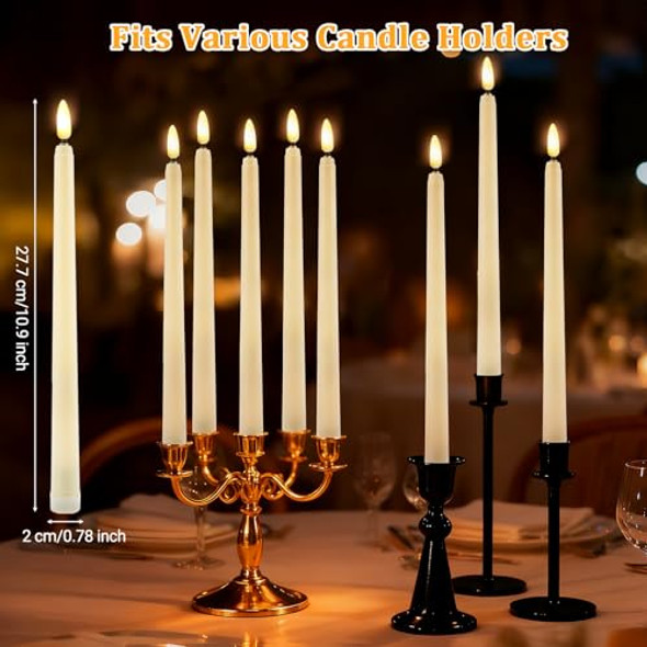 Image Rechargeable Flameless Taper Candles With Remote 12 Pcs Led Candlesticks 3D Wick Ivory Taper With Timer Flickering Function For Home Wedding Birthday Halloween Christmas Church Warm White