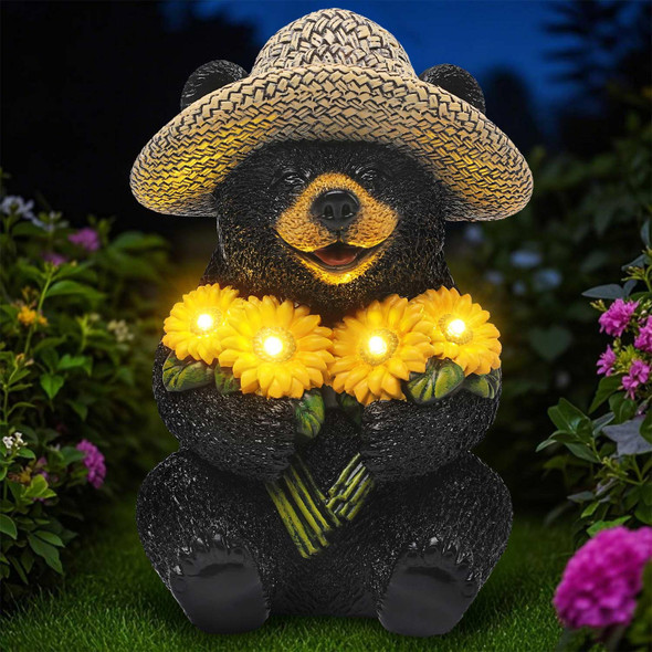 Jjalights Solar Garden Decor Statues 7.5" Resin Black Bear Figurines With Sunflowers Featuring Straw Hat Waterproof Bear Decor For Outside Yard Patio Porch Decoration  For Mom Grandma