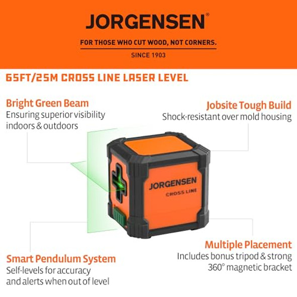 Jorgensen Laser Level With Tripod 65 Ft Self Leveling Cross Line Laser Leveler Tool With 360° Magnetic Base Green Laser Level For Picture Hanging Home Renovation Indoor Project