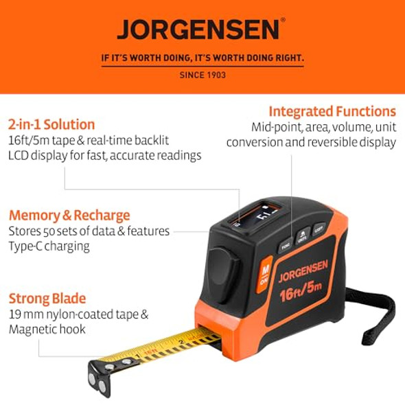 Jorgensen Digital Tape Measure 2-In-1 16Ft Rechargeable Digital Measuring Tape Ft/Ft+In/In/M/Cm/Mm Unit Metric & Inches Tape Measurement Tool For Pythagorean Area Volume