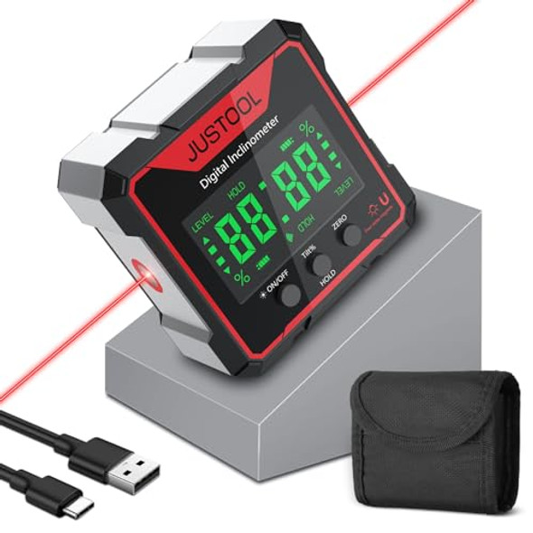 Justool Digital Level Box Angle Finder Gauge With Electronic Laser 4-Side Strong Magnetic Angle Gauge Backlight Inclinometer Rechargeable Angle Measuring Device For Woodworking Renovations