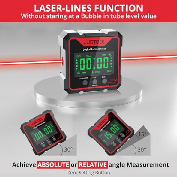 Justool Digital Level Box Angle Finder Gauge With Electronic Laser 4-Side Strong Magnetic Angle Gauge Backlight Inclinometer Rechargeable Angle Measuring Device For Woodworking Renovations