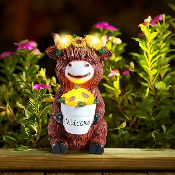Killoywin Highland Cow Garden Decor With Sunflower Solar Garden Lights Birthday S For Womenhighland Cow Garden Statue For Yard Patio Lawn Ornaments