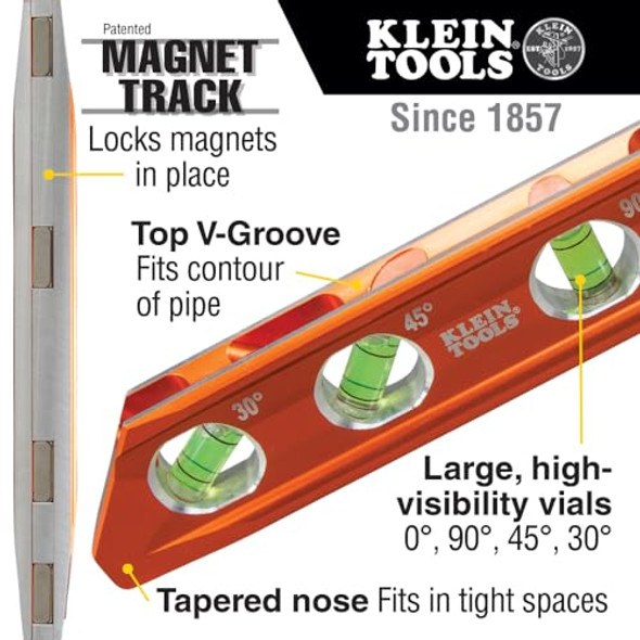 Klein Tools 935Ab4V Level 6-Inch Magnetic Torpedo And Conduit Level With 0/30/45/90 Degree Vials V-Groove And Magnet Track High Visibility Orange
