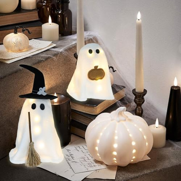 Knomeko Halloween Decorations Indoor 2Pcs Spooky Light Up Ghost Kit With Pumpkin Wizard Hat Cute Halloween Ghost Plush Decor For Party Home Kitchen Tabletop And Fireplace Mantel Decor