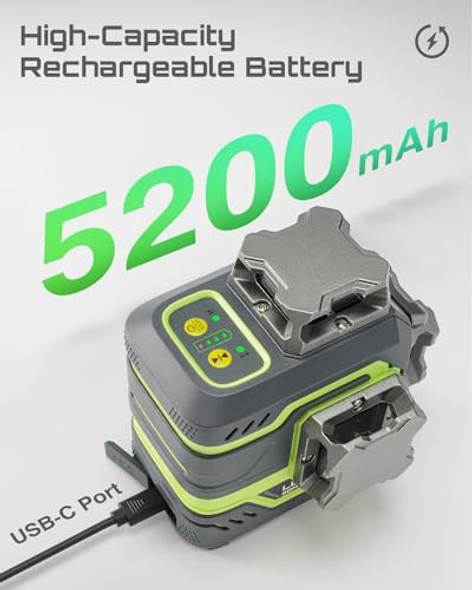 Lasgoo Lasgoo Lg-3Dm Green Beam Laser Level Self-Leveling 3X360° Cross Line Laser For Construction And Picture Hanging 5200Mah Built-In Rechargeable Battery Type-C Cable Magnetic Rotating Stand Included