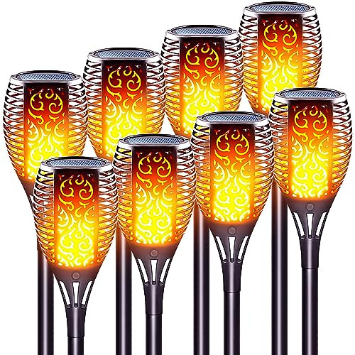 Lazybuddy Large Size Solar Torch Light With Flickering Flame Realistic Fire Effect Garden Lights Outdoor Ip65 Waterproof Tiki Torches For Patio Pathway Auto On/Off - Landscape Lighting (8 Pack)