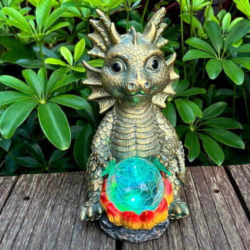 Lckfty Solar Garden Statue Dragon Figurine With 7-Color Changing Solar Crackle Globe Lights- Loving Dragon For Patiobalconyyard Lawn-Unique Idea S (Gray)