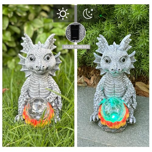 Lckfty Solar Garden Statue Dragon Figurine With 7-Color Changing Solar Crackle Globe Lights- Loving Dragon For Patiobalconyyard Lawn-Unique Idea S (Grey)