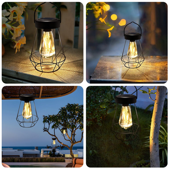 Livinlarge Solar Lights Outdoor Waterproofsolar Lantern 2 Packmetal Hanging Outdoor Lanternshandle With Edison Bulb Solar Powered Lights For Yard Garden Patio Porch Pathway Decor