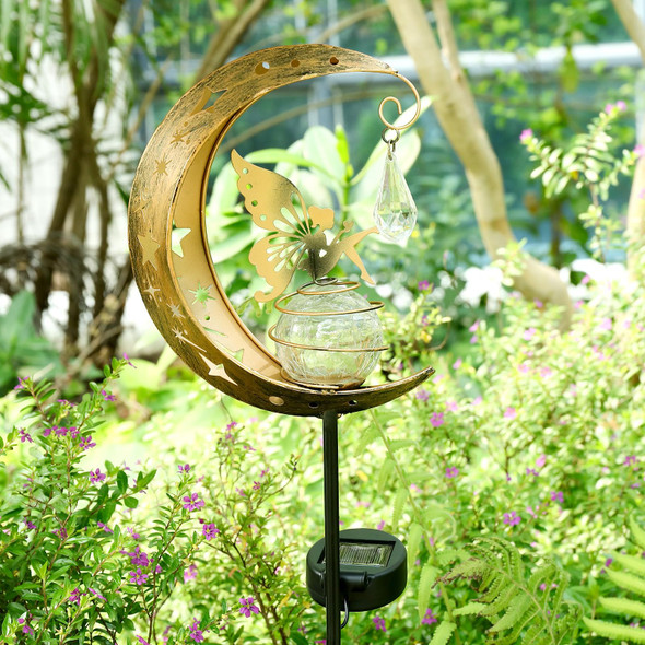 Loveruis Solar Garden Lights Outdoor Fairy Moon Lamp Waterproof Moon Garden Solar Light With Crackle Glass Ball Led Stake Lights Angel Decorative For Grave Balcony Lawn Patio Pathway (Ars-Xiannv)