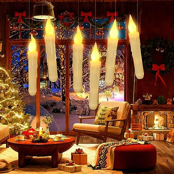 Lpraer Floating Led Taper Candles With Wand Remote 6 Pack Magic Hanging Flameless Candles Warm White Flickering Light Window Candles For Halloween Birthday And Theme Party Decor