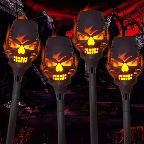 Lukhmelf 4 Pack Solar Halloween Lights Outdoorskull Lightsolar Torch Light With Flickering Flamewaterproof Led Flame Lightsfor Halloween Decor Patio Yard Pathoutdoor Landscape Lighting And Et Cetera.