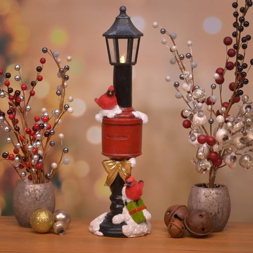 Mark Feldstein & Associates Mark Feldstein & Associates Resin Mailbox Lamp Post With Cardinals Figurine Holiday Decor With Built In Led Light 15 Inch