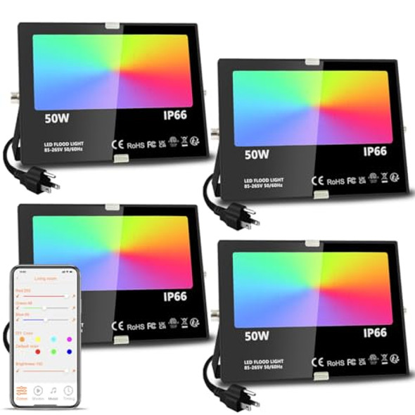 Melpo Melpo Led Flood Light Outdoor 500W Equivalent 5000Lm Smart Rgb Landscape Lighting With App Control Diy Scenes - Timing - Warm White 2700K - Color Changing Uplight Ip66 Waterproof Us Plug (2 Pack)