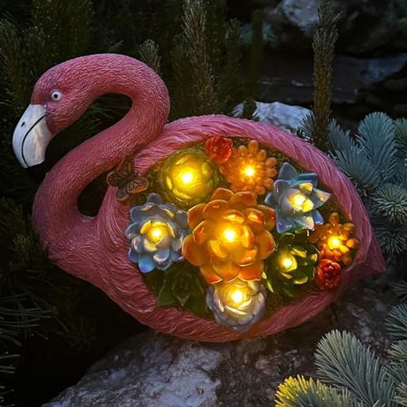 Mood Lab Mood Lab Garden Decor Flamingo Statue - 9 Inch Width Solar Figurine - 8 Led Solar Lights In Succulent Flowers - Yard Patio Lawn Indoor Outdoor Decoration