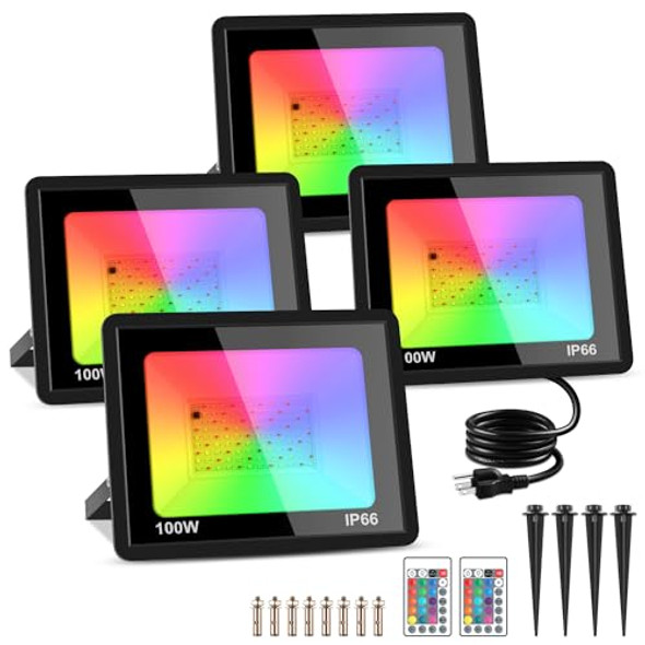 Mosfiata 4 Pack 100W Rgb Led Flood Lights 12000Lm Color Changing Smart Floodlight With Remote Waterproof Diy Uplights For Partygardenhalloween Outdoor Decr