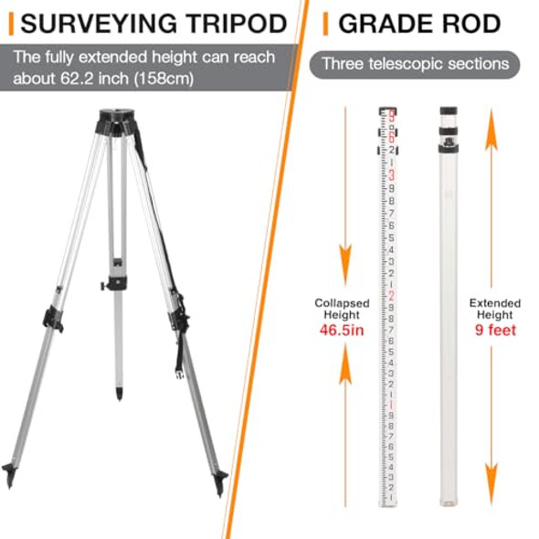 Mutoop Surveying Tripod And Aluminum Grade Rod Combo - 66" Extended Height Tripod With 9 Feet Aluminum Grade Rod For Rotary Laser Level Transit Construction