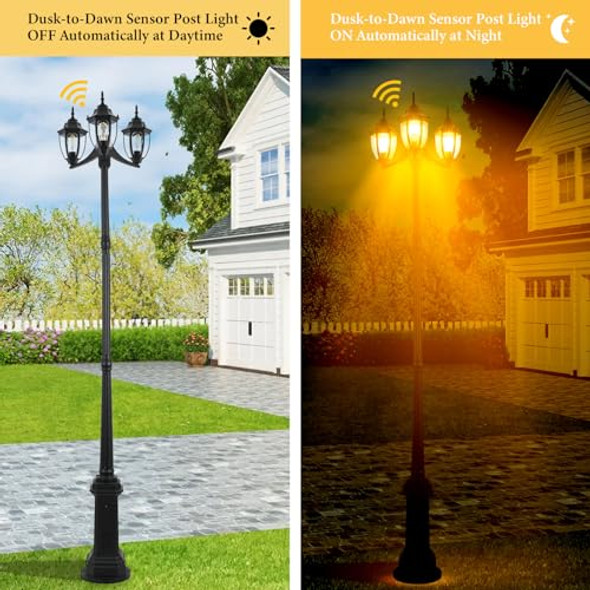 Odorpower Outdoor Post Light Dusk To Dawn Sensor 3-Head Outdoor Lamp Post With Outlet Gfci Anti-Rust Aluminum Waterproof Street Lamp Posts Outdoor Lighting For Outside Patio Yard Backyard