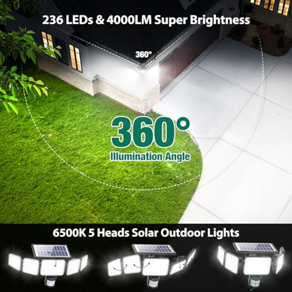 Omibee 4000Lm Solar Lights Outdoor 5 Adjustable Heads Solar Motion Sensor Lights 236 Leds 3 Brightness Mode Waterproof Security Wall Lights Remote Control Flood Lights For Graden Backyard 2 Pack