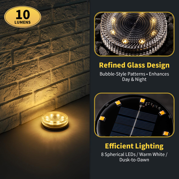 Opoira Glass Solar Pathway Lights With Bubble Style Modular-Design Waterproof In-Ground Light For Patio Pathway Lawn Yard Deck Walkway Decorative Disk Lighting For Garden Bed Warm White (2 Pack)
