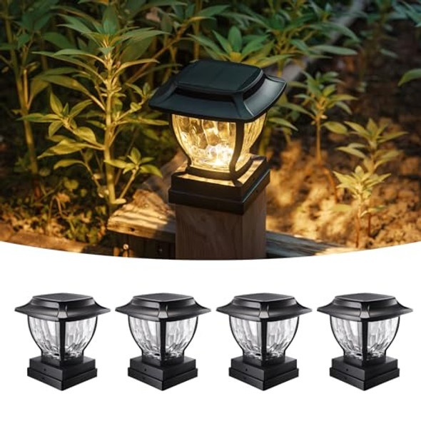 Opoira Solar Post Cap Lights Outdoor Glass Deck Fence Post Cap Light Solar Powered For 4X4 Vinyl/Wooden Posts Solar Lamp Post Light With 2 Lighting Modes For Patio Garden Bright Warm White (4 Pack)