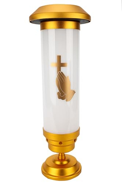 Ourmemo White Solar Praying Hands Cross Grave Stake Light - Anodized Gold Plated Ip65 Waterproof Solar Lights For Cemetery Ideal Cemetery Decorations For Grave(Cross & Praying Hands)