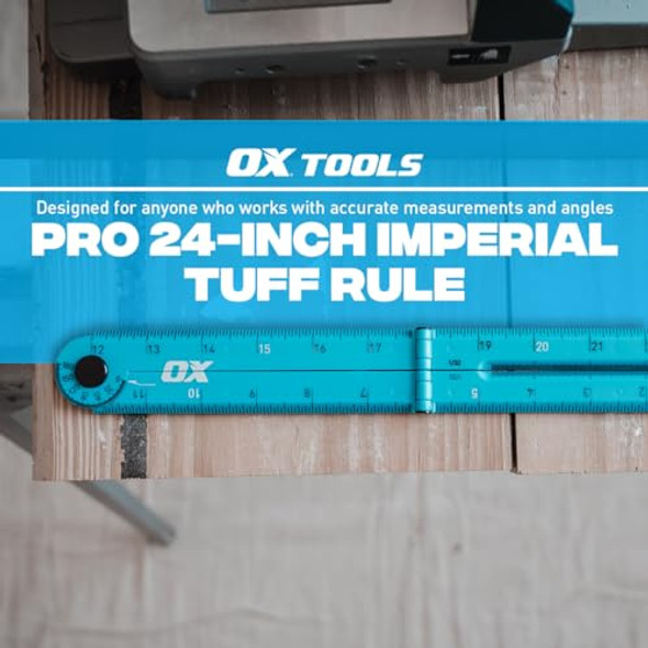 Ox Tools Pro 24 Inch Cyan Imperial Tuff Construction Ruler With 3 Quick Measure Sections & Easy Angle Finder