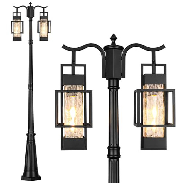 Partphoner Modern Outdoor Lamp Post Light 2-Head Hardwired Street Light Post For Outside Metal Pole Light Outdoor Lighting With Water Glass Shade For Garden Patio Backyard Walkway Driveway
