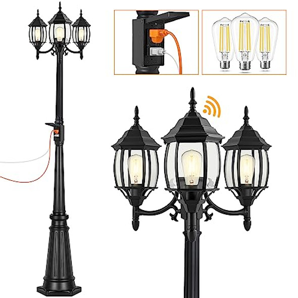 Partphoner Outdoor Lamp Post Light With Gfci Outlet 3-Head Classic Black Light Pole With Glass Panels (3 Led Bulbs Included) Aluminum Waterproof Outside Street Light For Backyard Garden Driveway