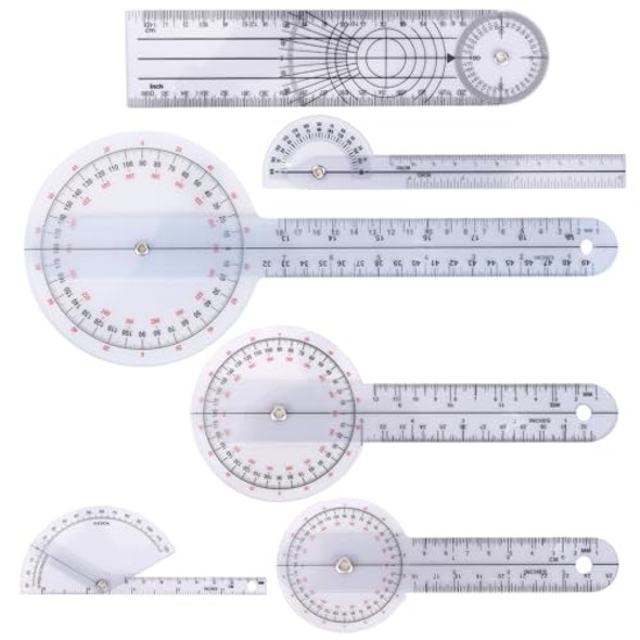 Penitue 6Pcs Goniometer Set 360 Degree Transparent Finger Protractor 6/8/12 Inch Angle Ruler Measurement Tool For Physical