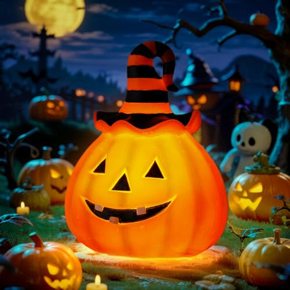 Pohabery Halloween Pumpkin Decorations Outdoor Solar Lights – Jack O Lantern Garden Statue With Witch Hat Waterproof Resin Pumpkin Decor For Yard Patio & Pathway Fall Decorations