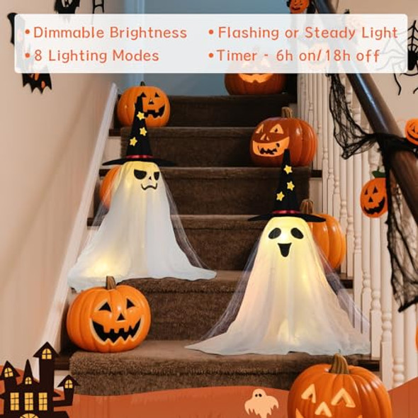 Polly Wales Light-Up Ghost Kit Halloween Decorations Indoor 2 Packs Spooky Ghosts With Witch Hats Remote String Lights Battery Operated Halloween Decor For Mantel Shelf & Tabletop Decor