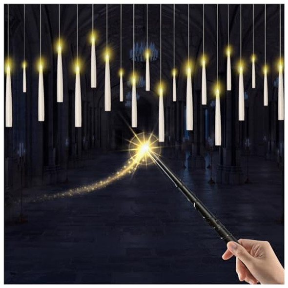 Prerish 20Pcs Floating Candles With Wand Magic Halloween Hanging Candles Flickering Battery Operated Taper Led Flameless Candles With Wand Remote For Halloween Decorations S Indoor
