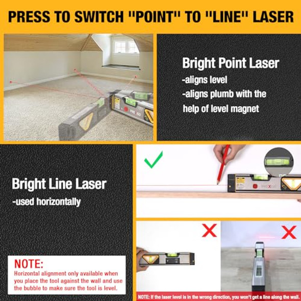 Prexiso 2-In-1 Laser Level 12 In Spirit Level With Light 100Ft Alignment Point & 30Ft Leveling Line Magnetic Laser Leveler Tool For Construction Picture Hanging Wall Writing Painting Home Renovation