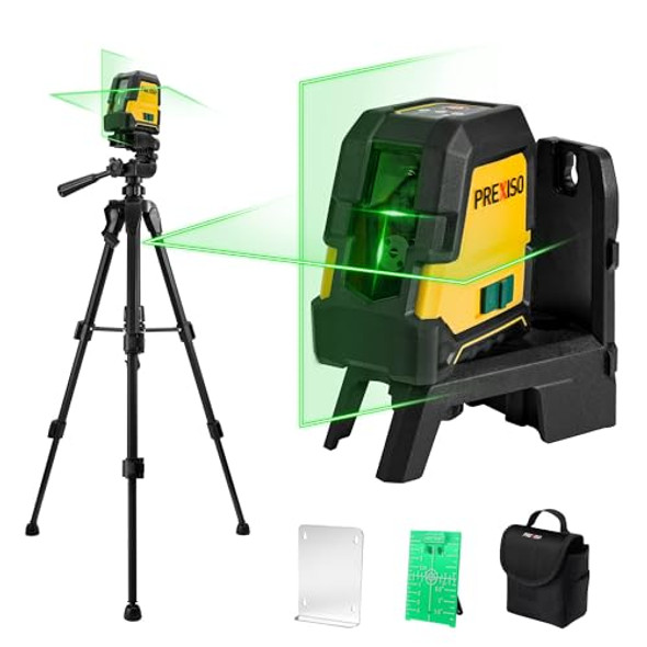 Prexiso Laser Level With Tripod - 100Ft Rechargeable Dual Modules Line Laser Self Leveling Wide Angle Cross Leveler Tool For Construction Floor Tile Renovation With Magnetic Base Target Plate Bag