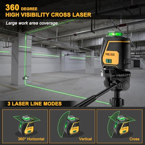 Prexiso 360 Laser Level With Tripod - Ip54 Rechargeable Wide Angle Vertical Line Laser 100Ft Green 3 Brightness Adjustment Self Leveling Cross Line For Construction Floor Tile Renovation
