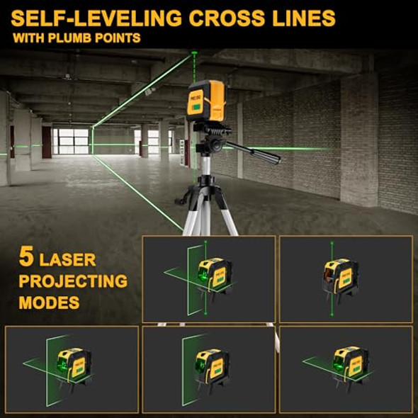 Prexiso Laser Level With Tripod & 2 Plumb Dots - 100 Ft Green Point Laser Level Self Leveling - Plumb Spot Alignment Cross Laser Line Tool For Construction Ceiling Floor Tile With Magnetic Base