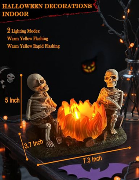 Qaeshi Halloween Scary Skeleton Decorations With Light Up Pumpkin Flameless Candles For Jack O Lantern Decore 2 Flickering Led Modes Halloween Night Light Skeleton Lamp Table Decorations For Desk
