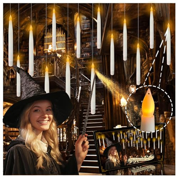 Qaeshi Floating Candles With Wand 18Pcs Hanging Candles Halloween Warm Led Flickering Flameless Taper Candle With Remote 6.7In Battery Operated Magic Candle For Home Party Halloween Decorations